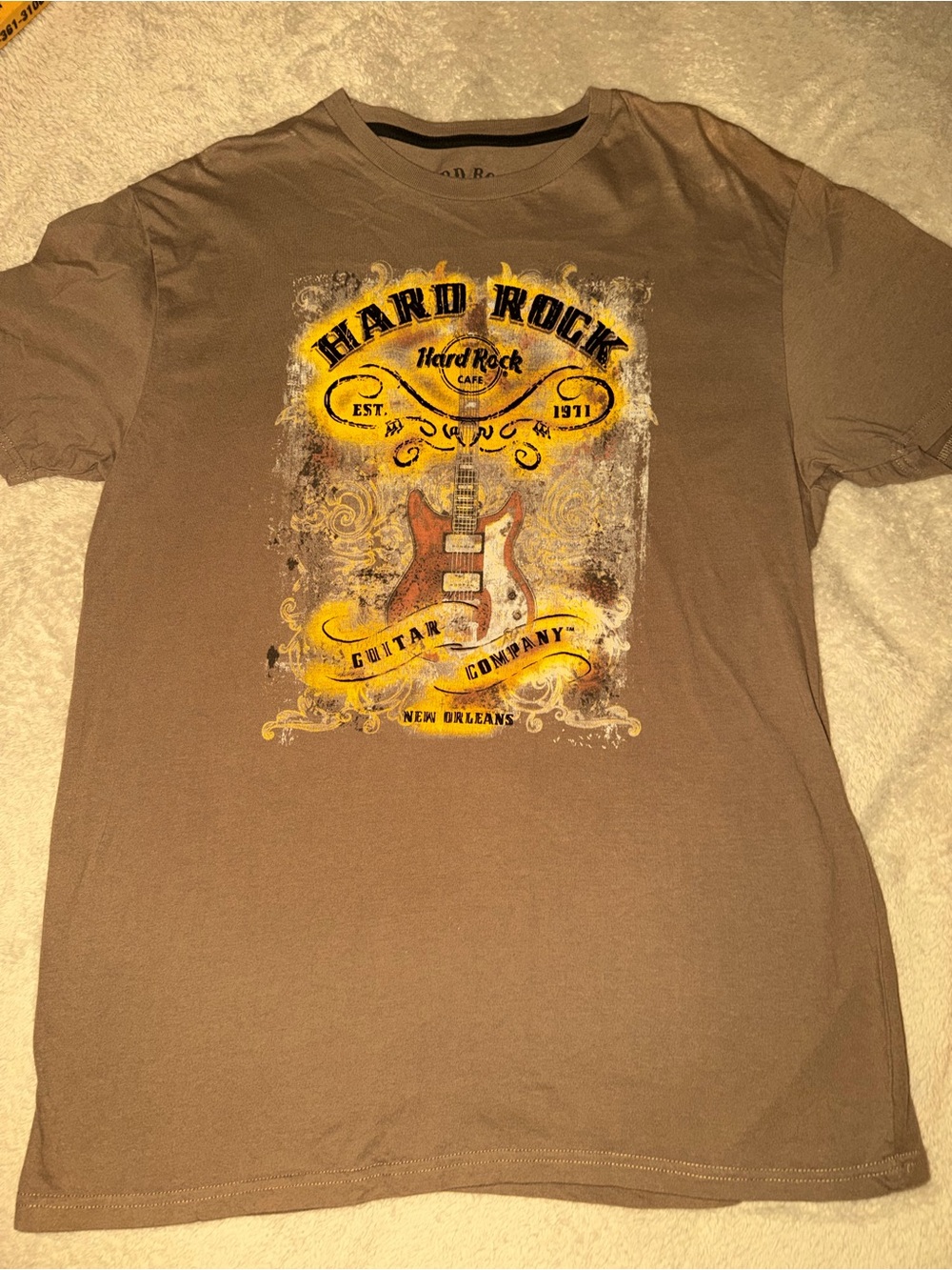 Hard Rock Cafe Brown Tee with Yellow & Red Guitar Design